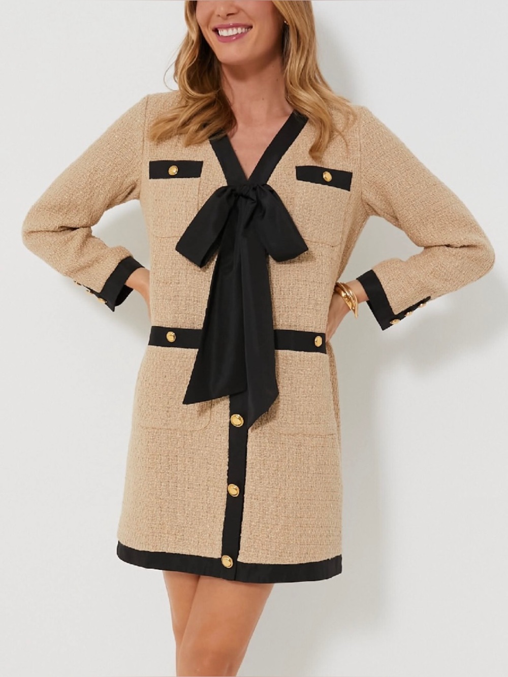 Tuckernuck Pomander Place Coco Tweed Bow Dress Tan Black Gold Size M